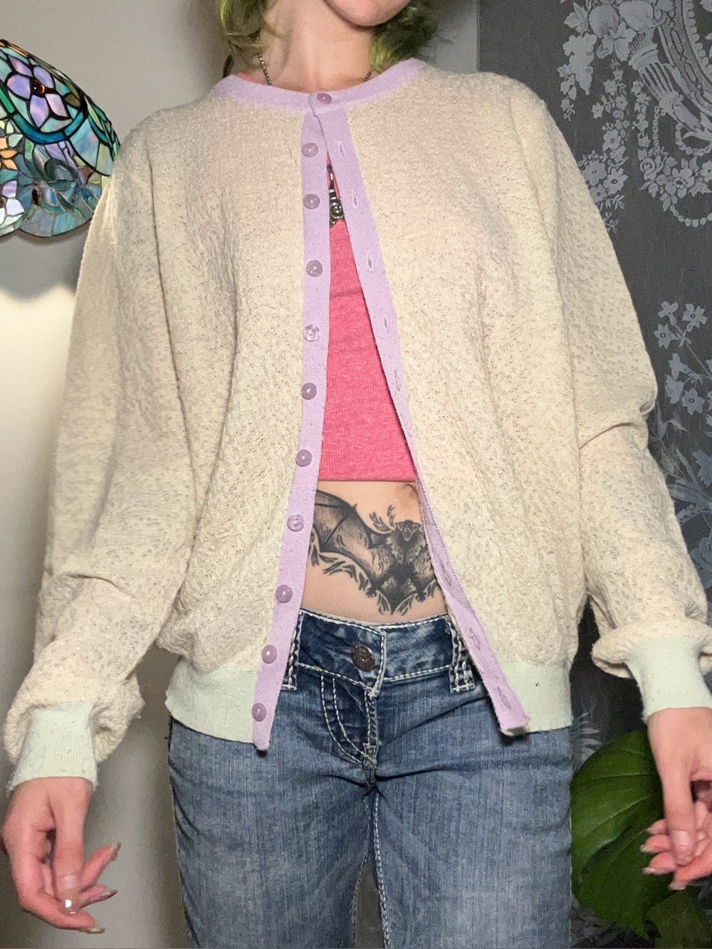 Lightweight Cream Cardigan with Colourful Pastel Cuffs